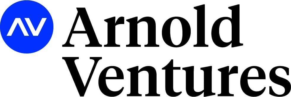 Arnold Ventures Logo, blue circle with upwards and downwards carrot inside, black title text.